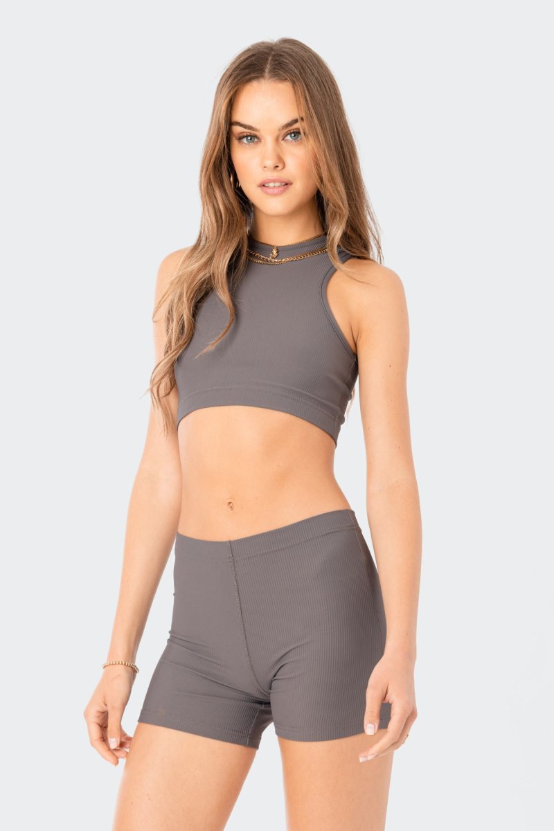 Edikted Zoella Ribbed Crop Tops Gray | USA PK954445G2