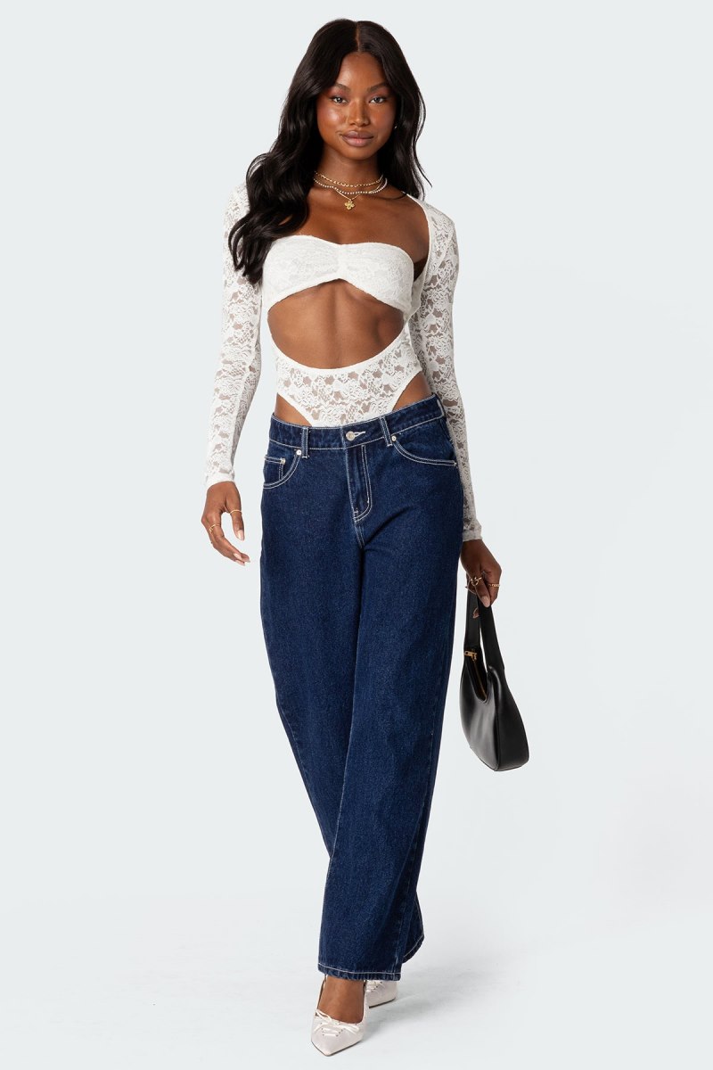 Edikted Zoey Sheer Lace Two Piece Bodysuit Long Sleeve Tops Black | USA DJ652655U7