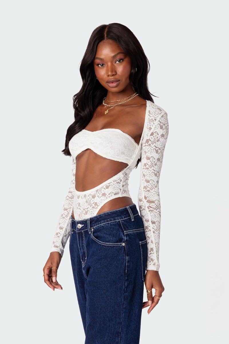 Edikted Zoey Sheer Lace Two Piece Bodysuit Long Sleeve Tops Black | USA DJ652655U7