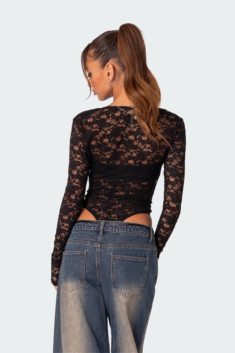 Edikted Zoey Sheer Lace Two Piece Bodysuit Black | USA JY821692I8